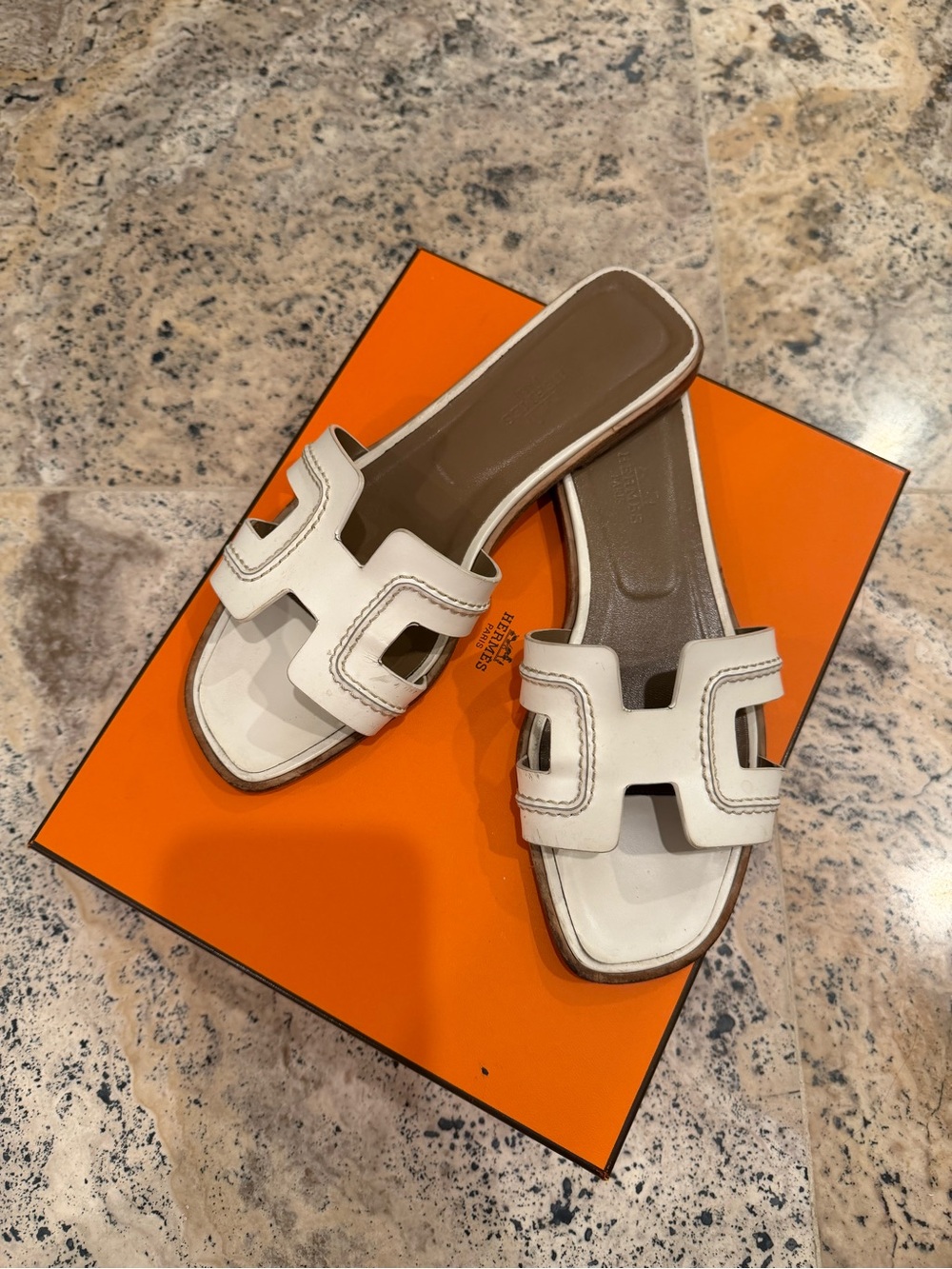Hermes White Oran H-Logo Leather Slide Sandals